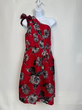 Va Et Vien for BHLDN One Shoulder Linen Silk Dress SZ 12 Red Floral Bow Pleated